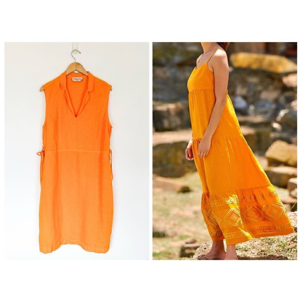 Haris Cotton Women’s Linen Made in Greece Burst of Orange Sleeveless Midi Dress